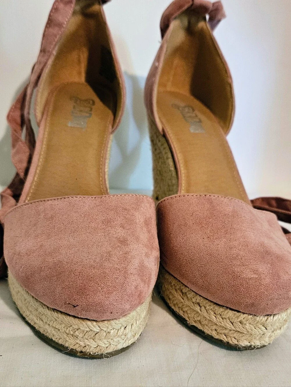 Brash Escape Dusty Rose Mauve Faux Suede Espadrille Wedge Sandals Ankle Tie 7.5